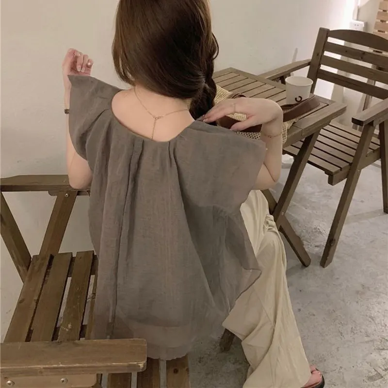 Fashion Vintage Loose Folds Blouse Summer Korean Flying Sleeve Women\'s Clothing Solid Color All-match Casual Round Neck Shirt