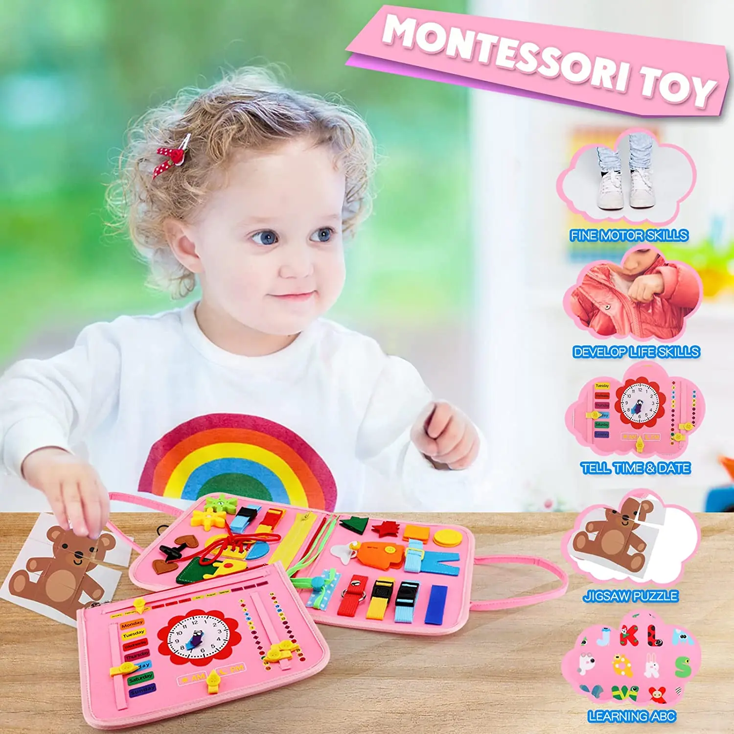 Montessori sentiu painel sensorial para crianças, Conselho ocupado, Atividade educacional, Desenvolvimento de vestido básico, Habilidades motoras finas, Brinquedos de viagem