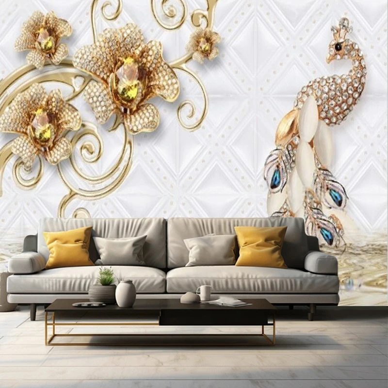 European-Style 3D Brick And Stone Jewelry Creative Art Flower Peacock High-End Beautiful Bedroom Hotel Decoration Painting Wall