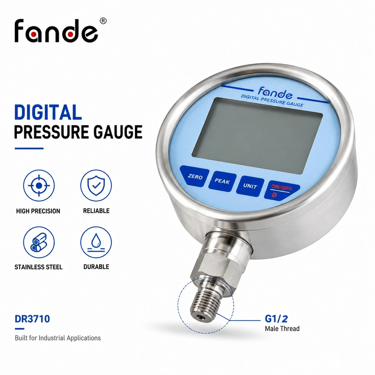 High Precision Electronic Pressure Monitor G1/2 100MPa High Resolution LCD IP65 SUS304 Stainless Steel for Hydraulic Equipment