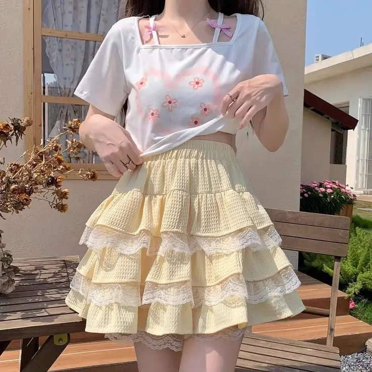 Japanese Sweet Chiffon Lolita Blue Yellow Mini Skirt Women'S Spring Summer High Waist Cake Skirt Ruffles Above Knee Skirts