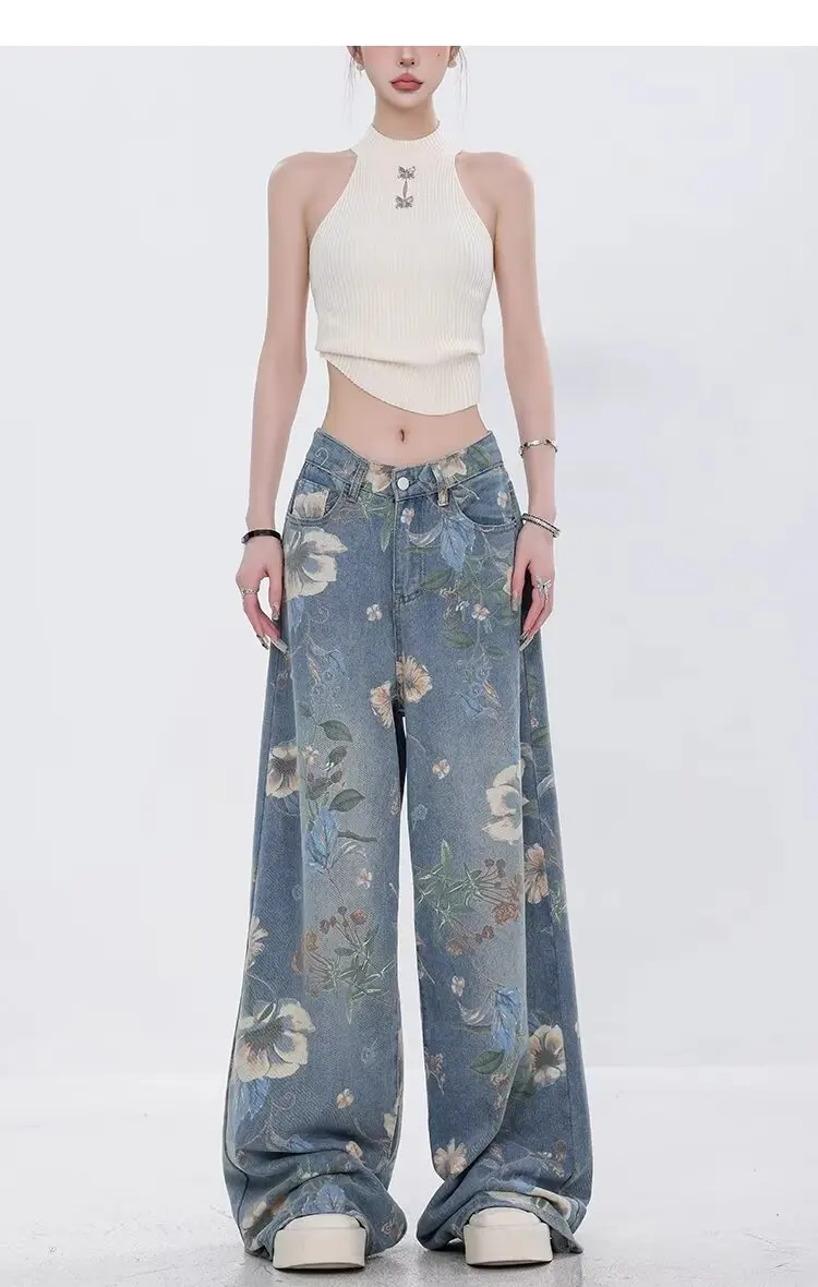 

Широкие джинсы с цветочным принтом для женщин, винтажные летние новые стильные уличные элегантные джинсы с высокой талией Y2K, модные джинсы в стиле Харадзюку