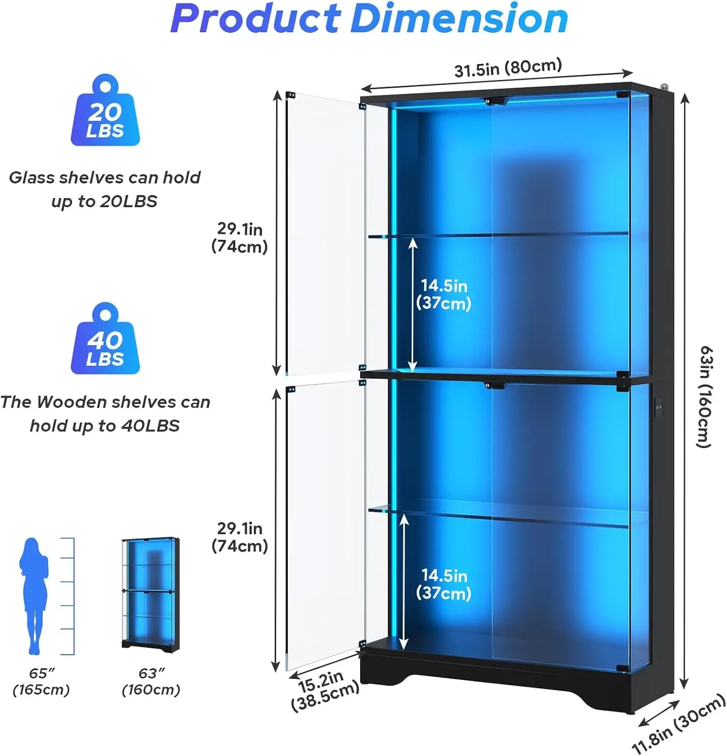 Glass Display Cabinet with Motion Sensor RGB Lights, Modern Display Case for Collectibles, Black Curio Cabinet, 4-Tier Display