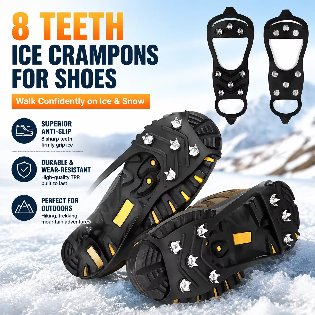 8-teeth Ice Gripper Spike Ice Snow Crampons Anti-slip Outdoor Hiking Mountain Climbing Shoes Covers Grip For Heavy snow weather