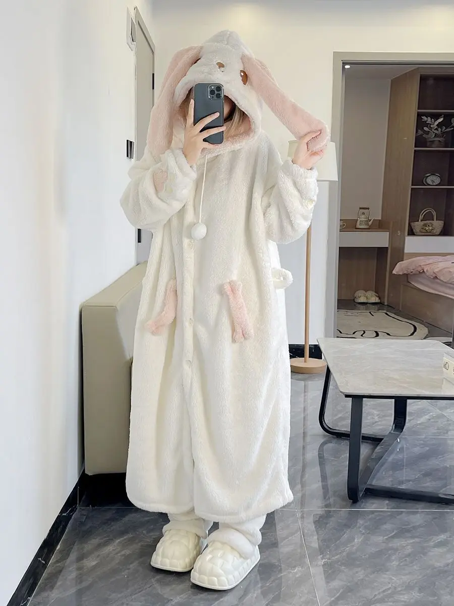 Cartoon Big Eared Rabbit Flannel Pajamas For Women In Winter, Thickened Coral Fleece Warm Home Clothes, Nightgowns, Long Pants