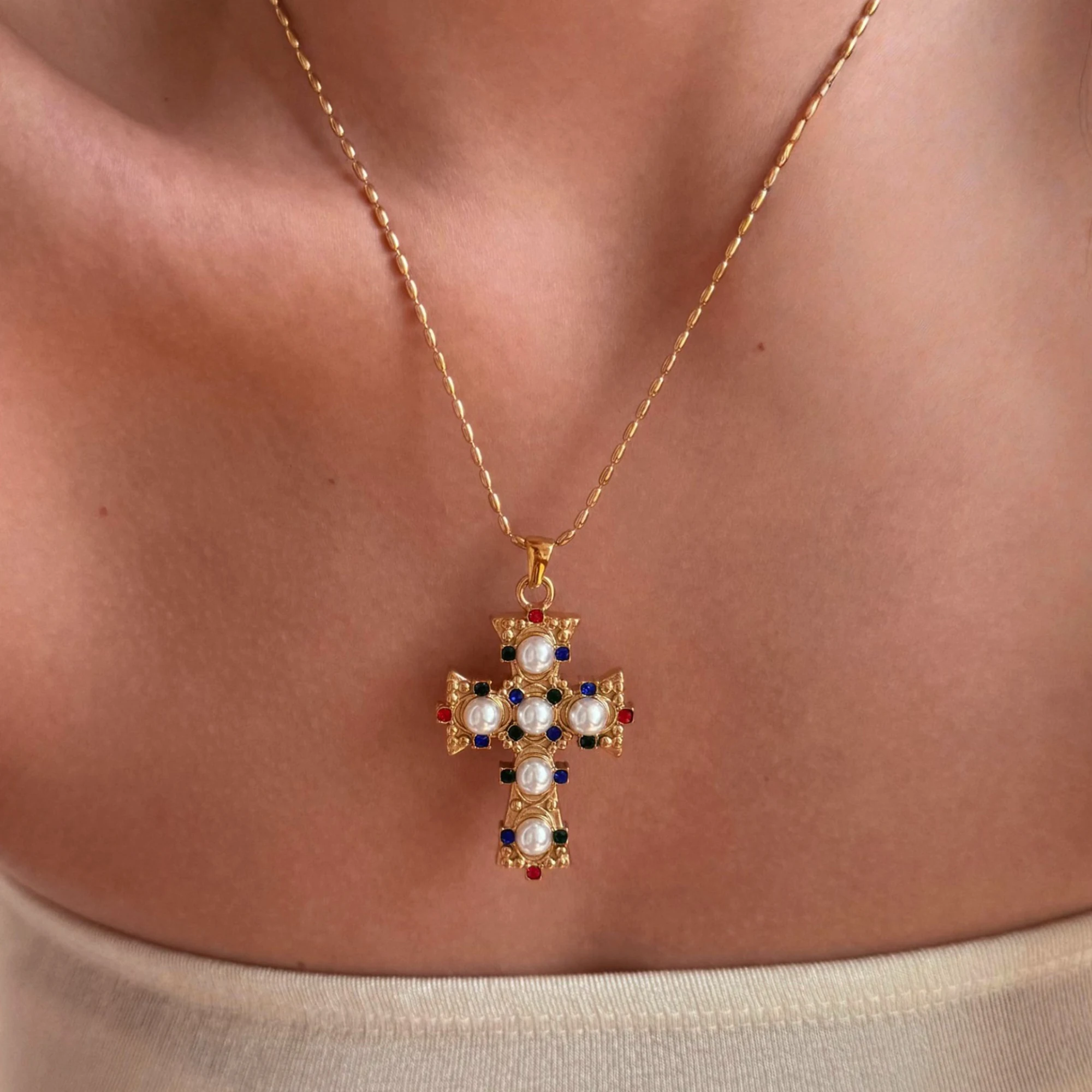 

Boho Vintage Courtly Cross Colorful Zircon Pearl Pendant Necklace for Women 18k Gold Plated Stainless Steel Tarnish Free Jewelry
