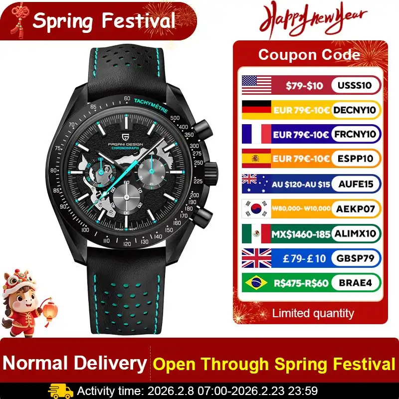 PAGANI DESIGN Moon Watch for Man Fashion Quartz Watch Waterproof Skeleton Sport Chronograph AR Sapphire Glass 1779 Reloj hombre