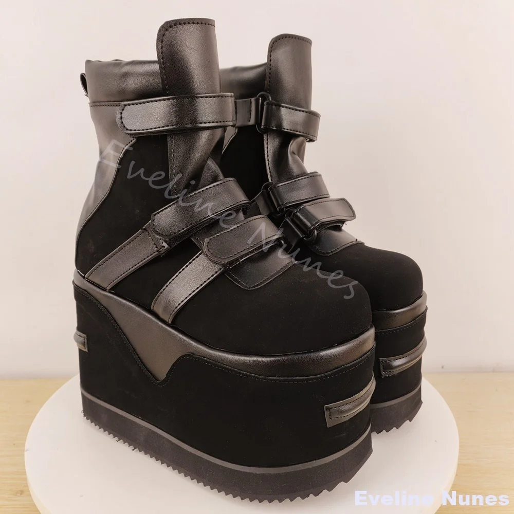 

Super High Platform Ankle Boots Women Round Toe Hook & Loop Black Leather Mid Calf Boots 2026 New Non-slip and Warm Ankle Boots