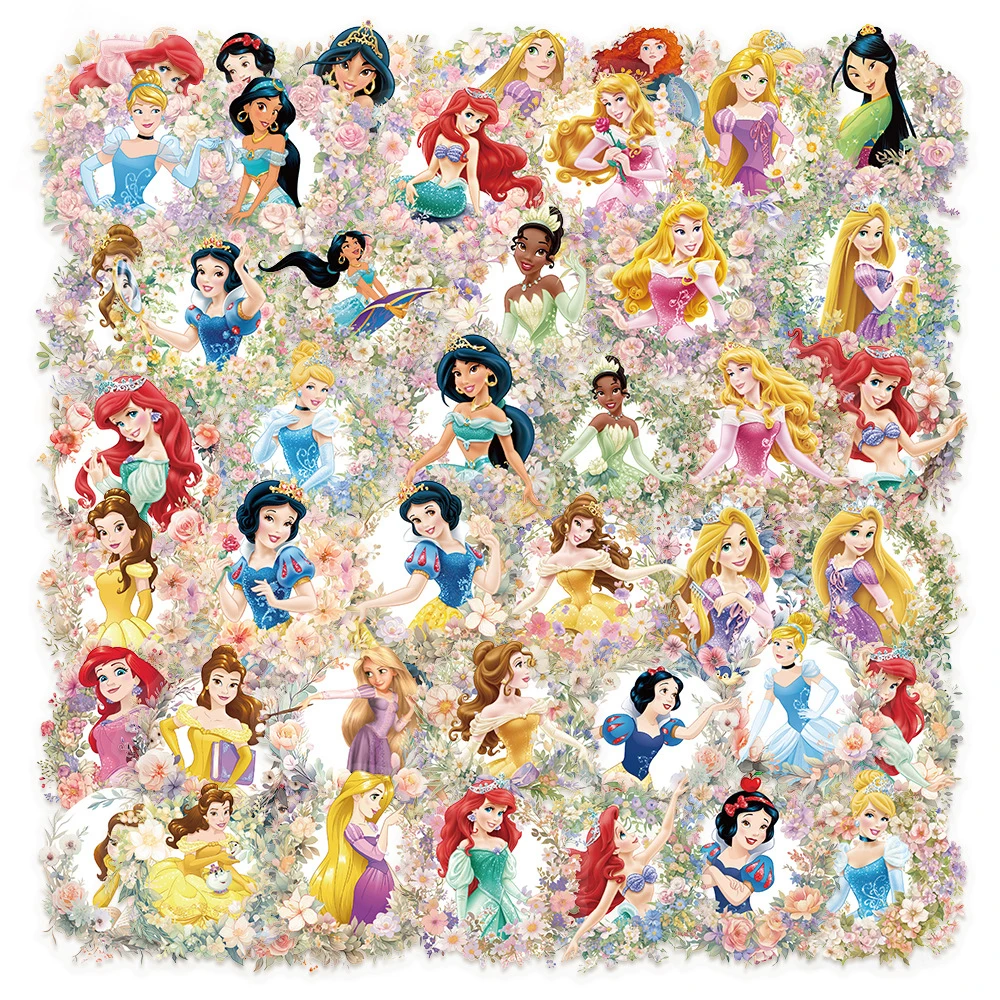 50 Stück transparente Disney-Prinzessinnen-Blumenaufkleber, niedliche Cartoon-Aufkleber mit Rapunzel, Ariel und Belle, für Laptop, Gepäck, Telefon, PET-Aufkleber-Set – Detail 1