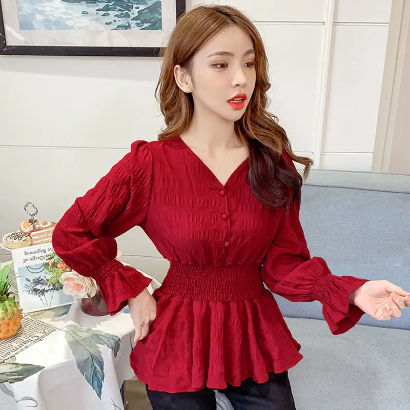 Fashion Spliced Button Folds Ruffles Blouses Women\'s Clothing 2023 Autumn Winter New Loose Princess Sleeve Tops Elegant Shirts