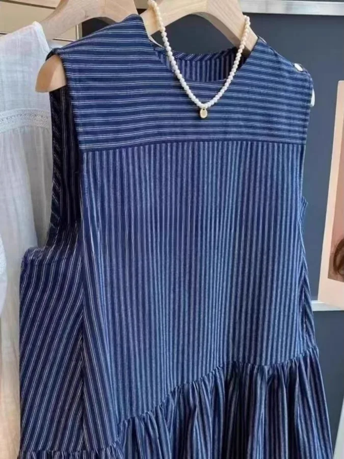 한국 스타일 코튼 린넨 블루 스트라이프 민소매 셔츠 드레스 여성 디자인 여름 느슨한 다목적 조끼 드레스 여성