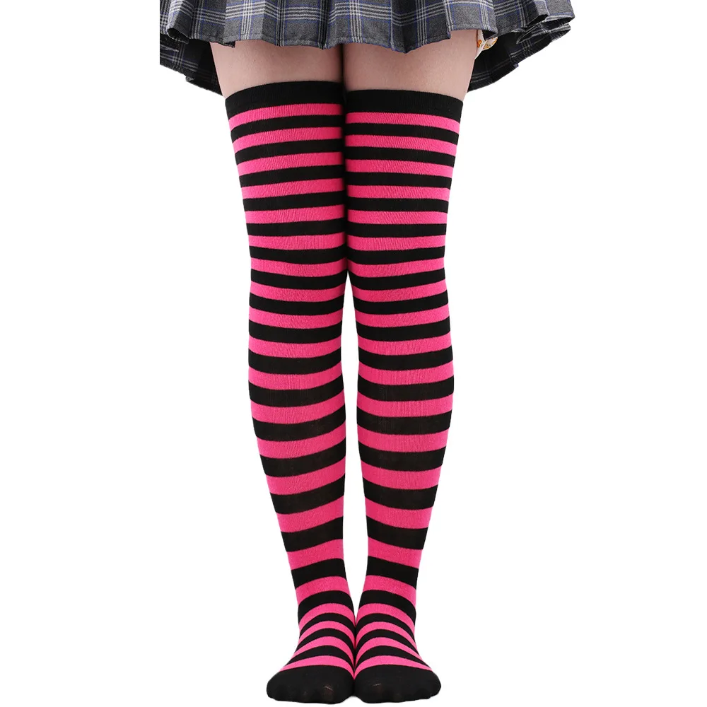 Women Over Knee Thigh High Stockings Blue Black Striped Long Socks Halloween Anime Panty Stocking with Garterbelt Cosplay Props