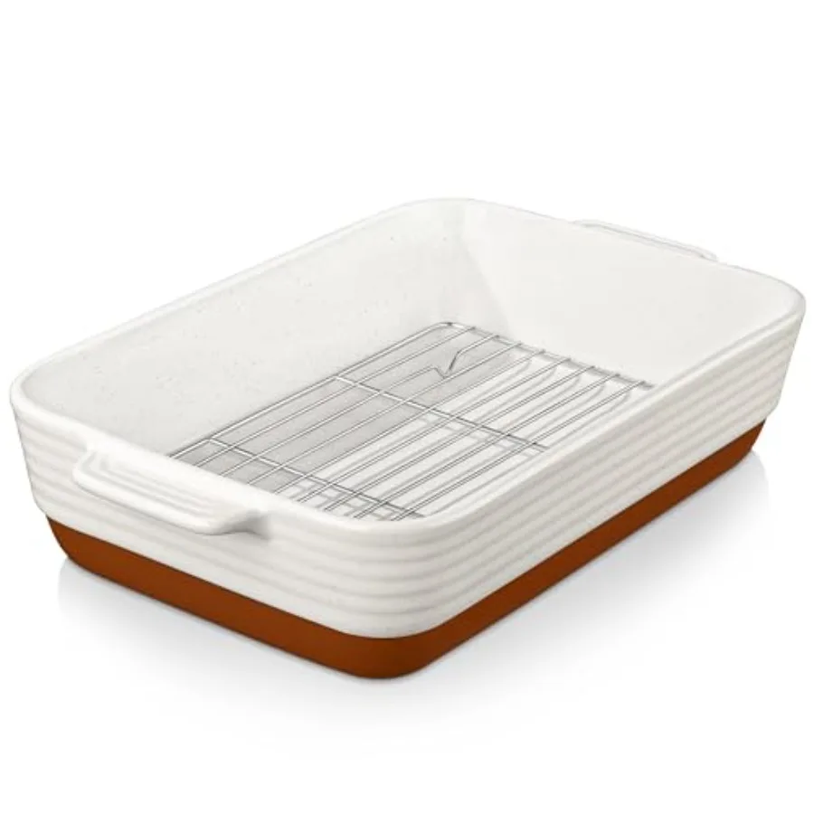

Baking Dish with Rack 4.8 Qt Ceramic Roasting Pan with Stainless Steel Drip Rack 9x13 Inch Deep Casserole Dish with Handles Ove