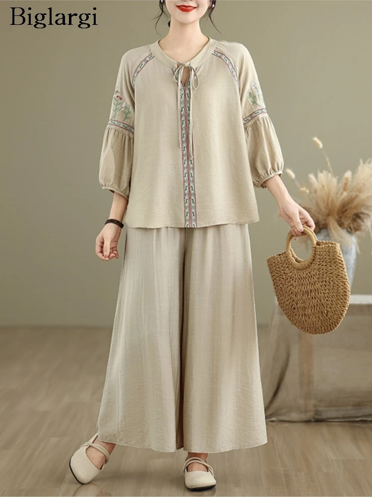 

Oversized Summer 2 Two Piece Set Women Floral Embroidery Modis Casual Ladies Tops Loose Wide Leg Elastic High Waist Woman Pant