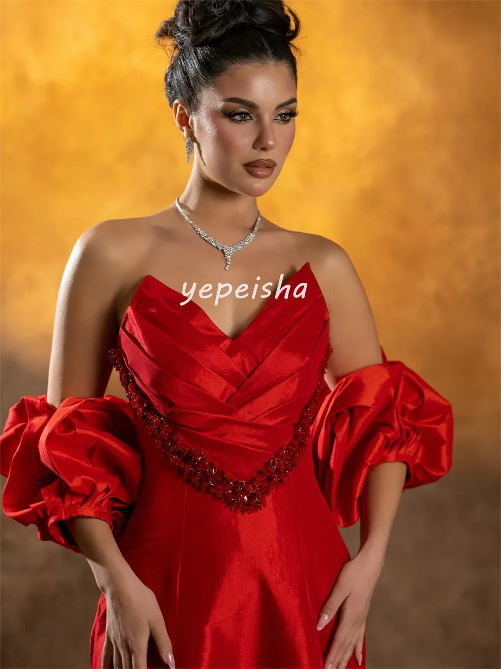 Gaun Midi A-line Off-the-shoulder dengan Payet dan Manik-manik yang Indah, Gaun Malam Elegan, Ukuran Tersedia