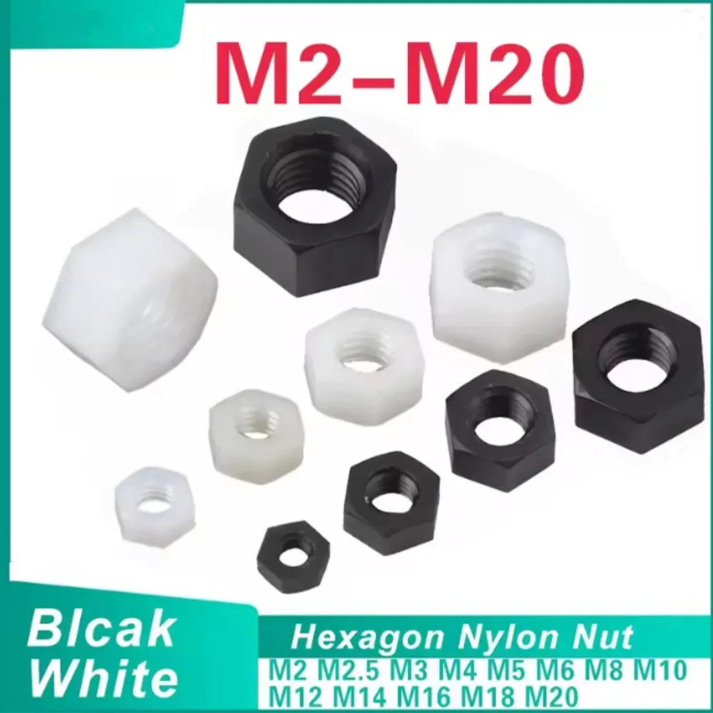 White/Black Nylon Insulated Hex Lock Nuts Nylon Plastic Hex Full Nuts Dia M2 M2.5 M3 M4 M5 M6 M8 M10 M12 M14 M16 M18 M20