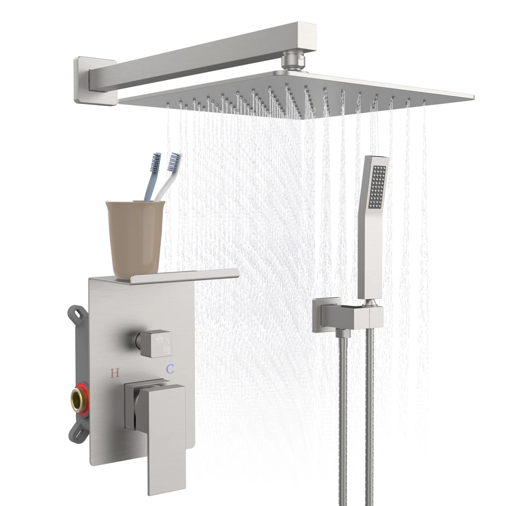 10-inch Rainfall Shower Faucet Set with Storage Rack Brushed Nickel High-Pressure Square Head Wall Mount