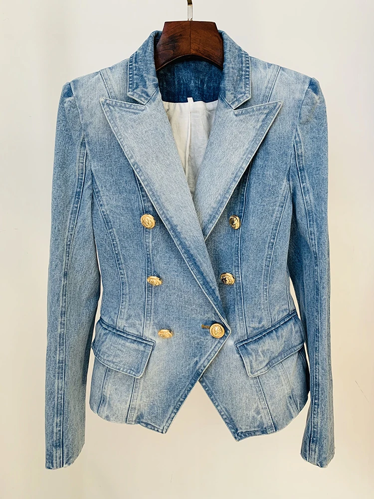 HIGH Quality 2024 Newest Designer Jacket Women's Slim Fitting Double Breasted Lion Buttons Denim Blazer