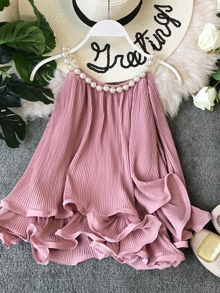 

Women's Tops Summer Halter Beading Curled Chiffon Shirt Ruffled Loose Baby Shirt Sleeveless Tops Women Blouse ML843