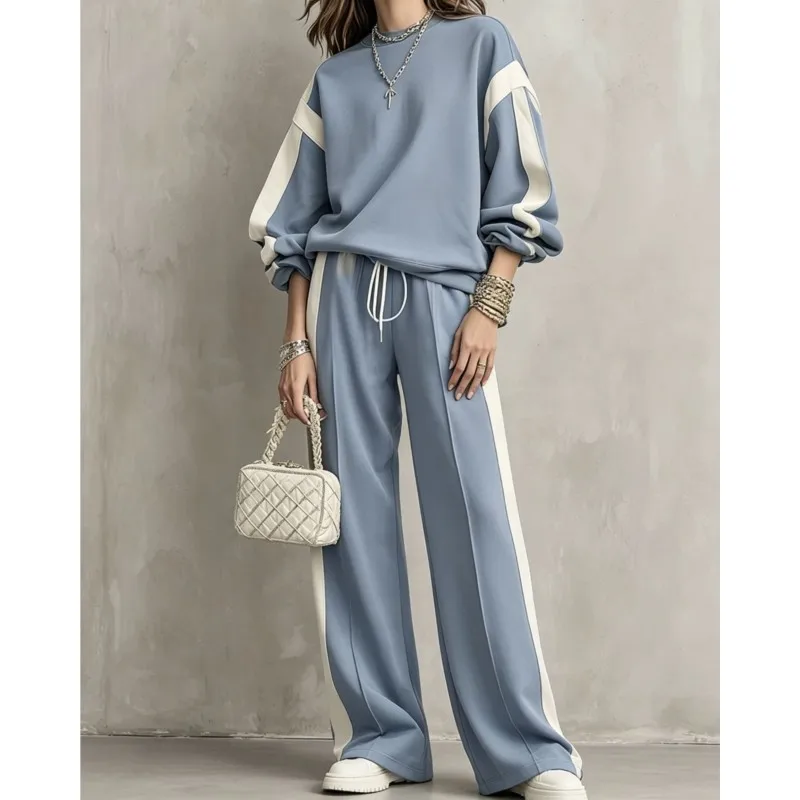 Women 2 Piece Tracksuit Set Color Block Stripe Loose Sweatshirt + Wide Leg Drawstring Pants, Casual Streetwear Matching Outfit