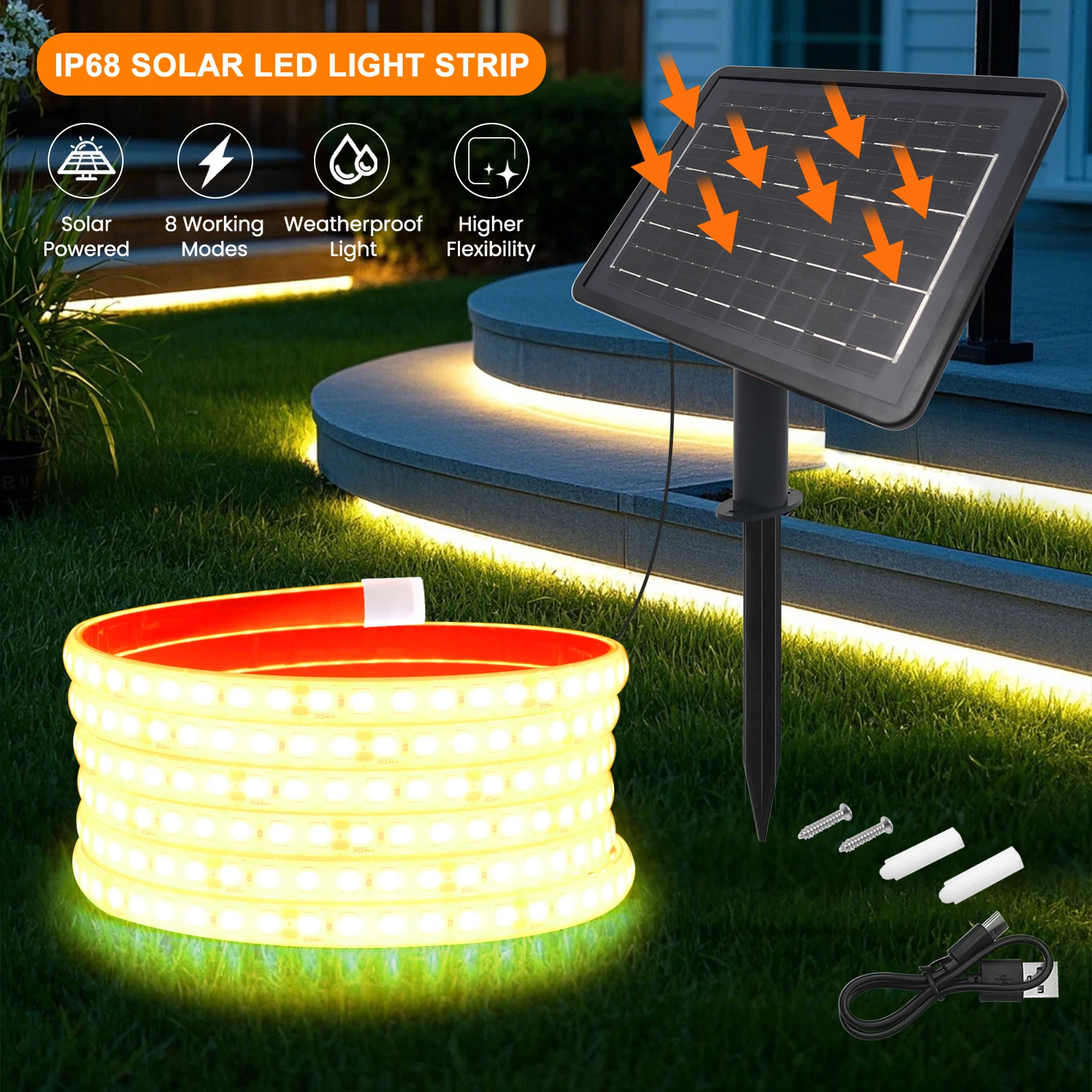 IP68 Waterproof Solar Powered LED Strip 24V White/Red/Ice Blue/Pink/Green/Yellow Flexible Ribbon Rope Outdoor Garden Decor Light
