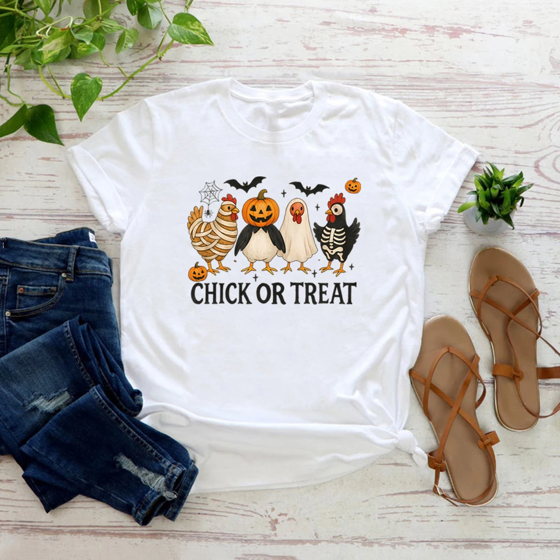 

Chick or Treat T-Shirt Spooky Chicken Halloween Tshirt Unisex Short Sleeve Graphic T Shirts Funny Halloween Chicken T-Shirts Top