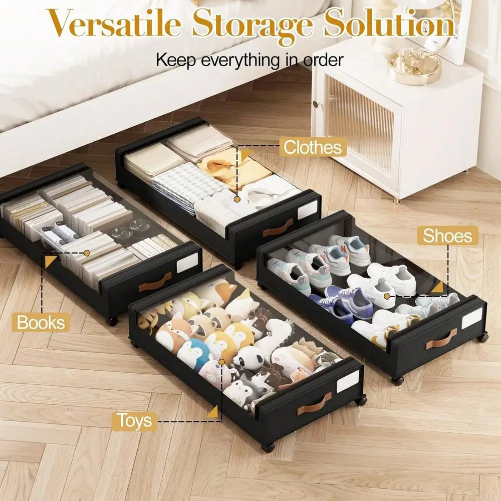 

60L Under Bed Storage With Wheels Lids 2 Pack Rolling Drawers For Clothes, Blankets, Shoes Black