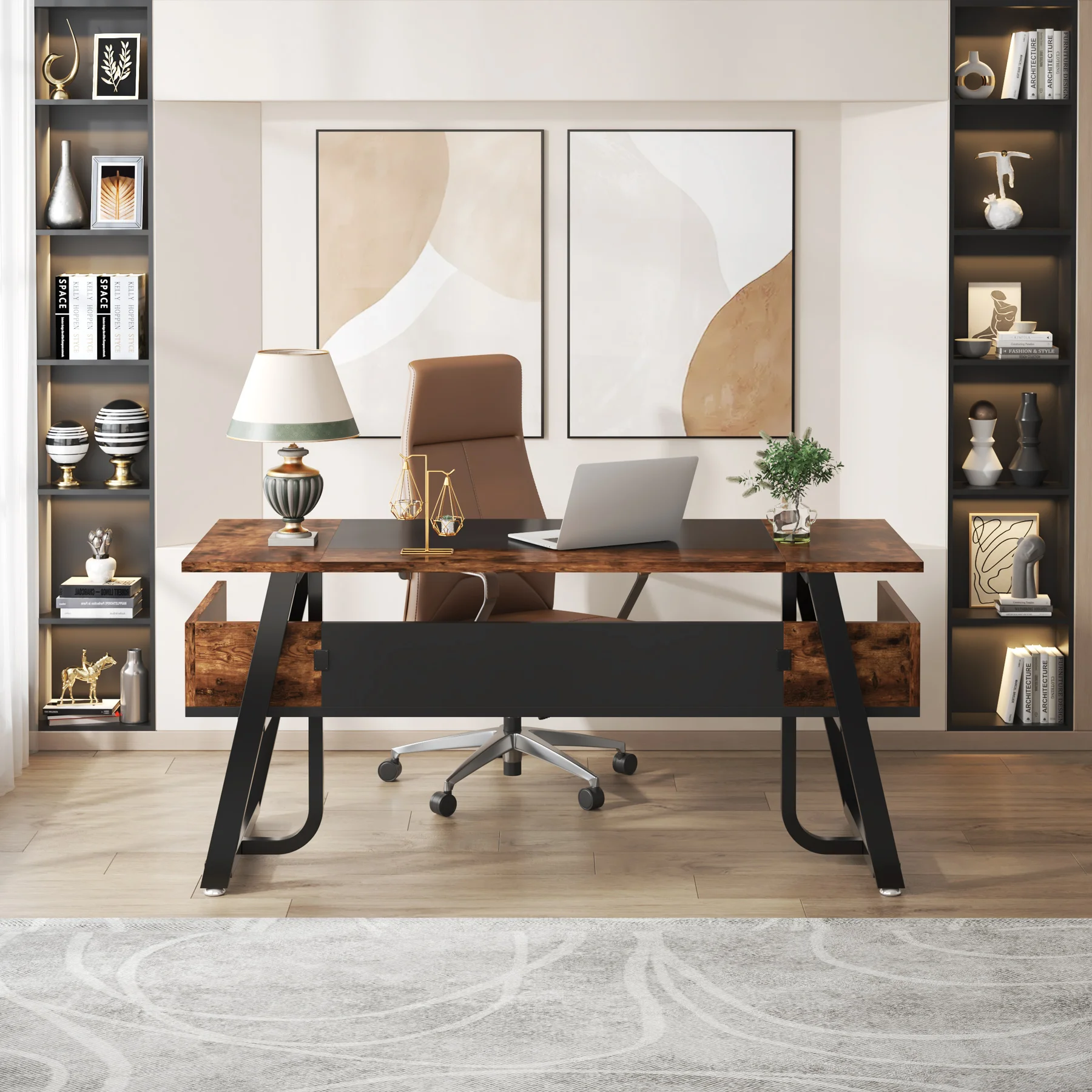 Tribesigns 63 Inches Desk with Bottom Shelves, Large Executive Desk, Computer Desk for Home Office, Business Workstation