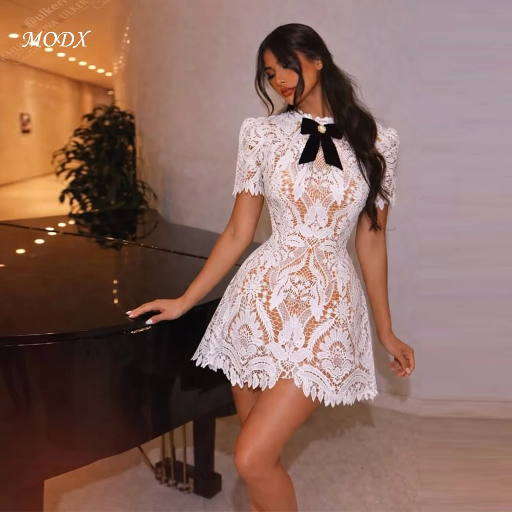 MODX Elegant Short Lace Dress Ivory High Neck Short Sleeve A‑Line Mini Dress Black Velvet Bow Appliqued Hollow Crochet