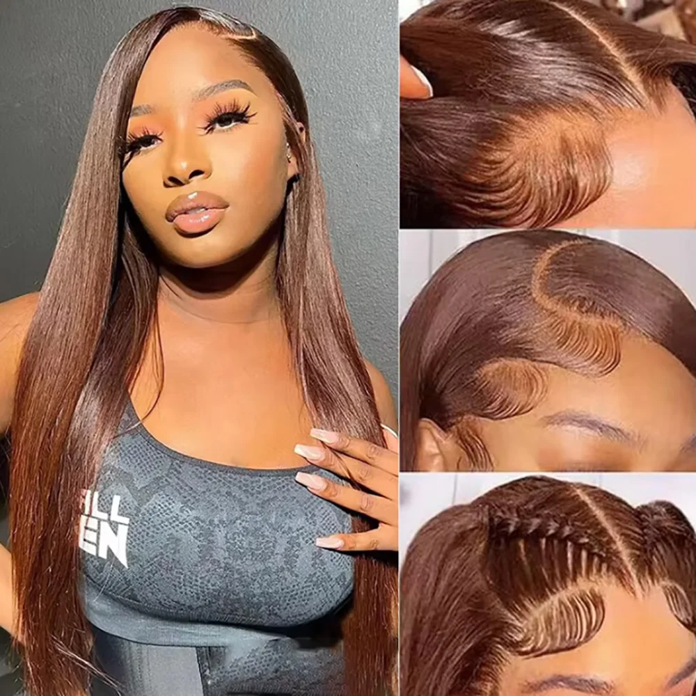 # 4 باروكة شعر مستقيمة بنية الشوكولاتة مقاس 13 × 6 باروكات شعر بشري بدانتيل أمامي مقطوعة مسبقًا # 4 باروكة شعر بشري ملونة للنساء ذوات البشرة السمراء #3