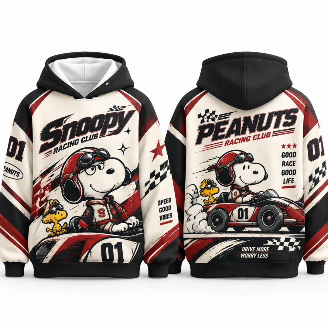 Mens Snoopy Racing Club Hoodie Vintage Race Car 3D All Over Print Double Sided Pullover Hooded Sweatshirt Streetwear Kids Tops