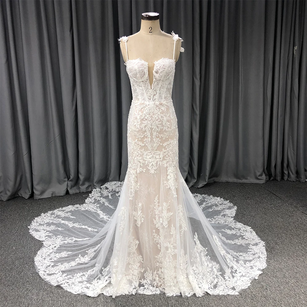 

Elegant Mermaid Wedding Dress Women 2024 Lace Spaghetti Straps Open Back Strapless Bridal Gown Sweep Train Vestido De Noiva