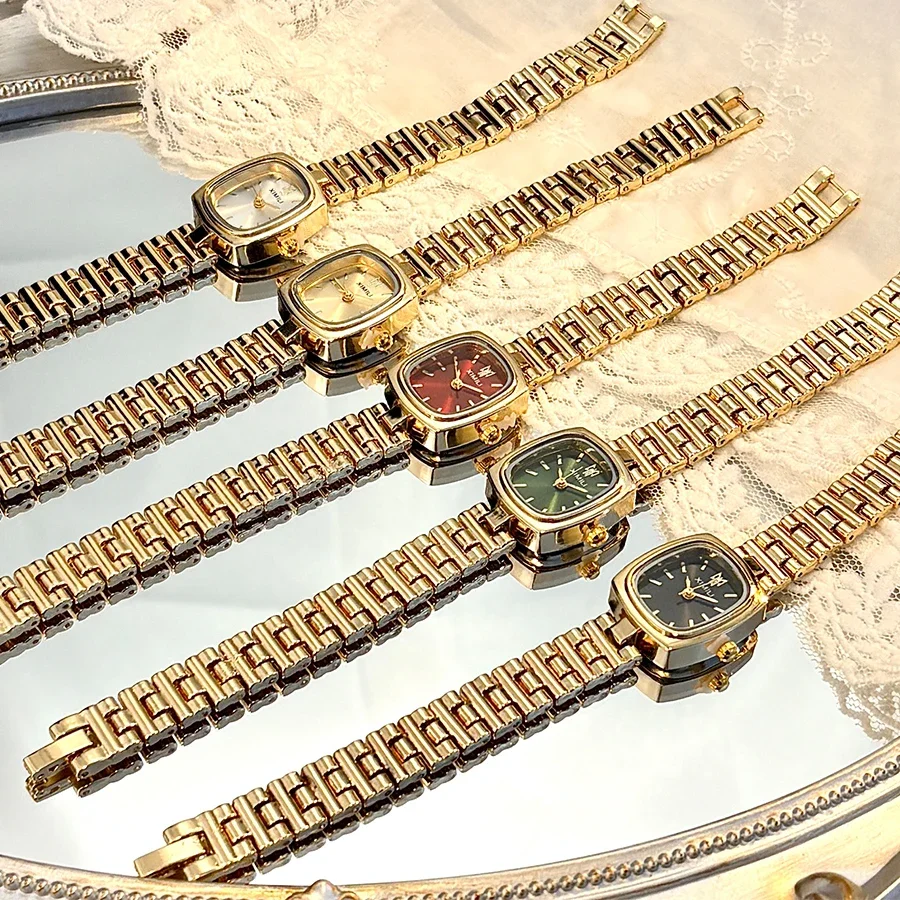 Square-Head Metal Band Exquisite Vintage Gold Watch for Women