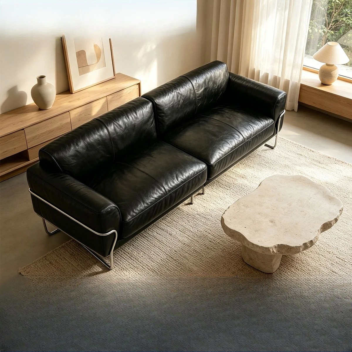 Black Oil Wax Genuine Leather Sofa Italian Light Luxury Stainless Steel High-Leg Inline Row Home Sofa