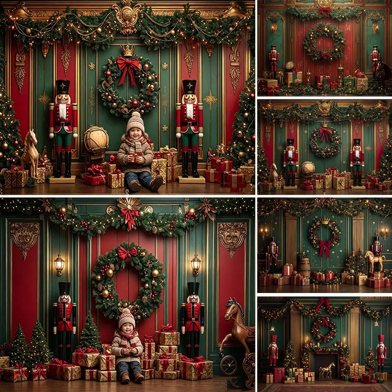 LS Photography Backdrop Red Green Cute Nutcracker Wreath Decoration Family Xmas Holiday Portrait Backgrounds For Photographs