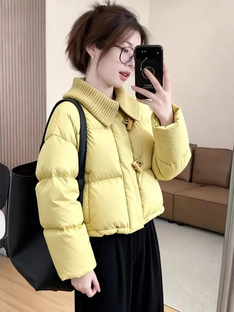 

Korean Style Thick Warm Cotton Jacket Short Yellow Cotton Fill Cute Small Size Winter Outerwear Commute Straight Tube Shape