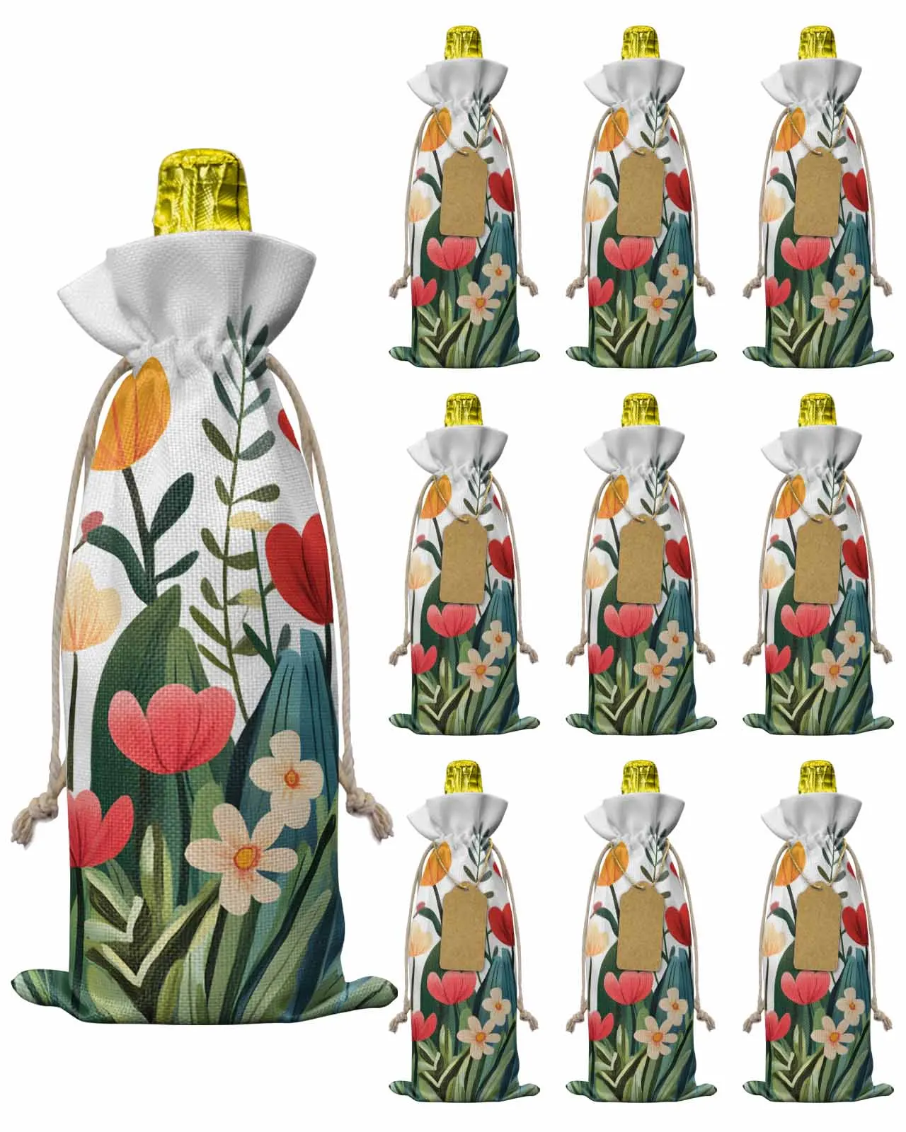 

10pcs Wine Bottle Covers Farmhouse Flowers Tulip Plants Wine Holder Carrier Packaging Bag Wedding Party Decor Gift