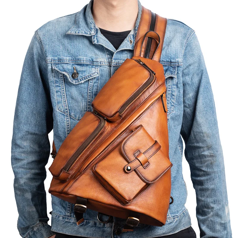 Genuine Leather Men's Backpacks Triangle Chest Bag Retro Men Shoulder Slung Bag Vintage Large Capacity Soft Casual Travel Bags