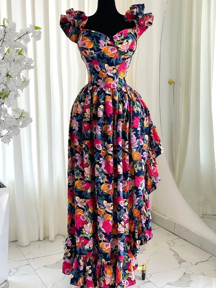 ロングドレスの女性のドレスプリント花スリング Vestidos ストリート Y2k V ネック不規則なエレガントなボディコンパーティーナイトノースリーブ