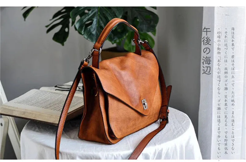 Casual handmade genuine leather women's handbag simple designer fashion natural real cowhide party shoulder messenger bag