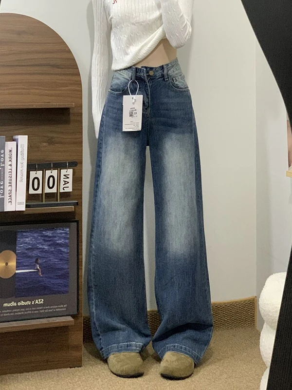 

Широкие джинсовые брюки в американском стиле ретро, женские осенне-зимние новые свободные прямые длинные брюки с высокой талией, осень-зима с высокой талией...