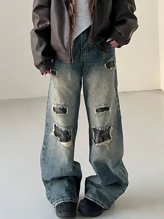 Y2K Camouflage Patchwork Vintage Jeans Women High Waist Straight Denim Pants Ripped American Retro Wide Leg Baggy Trousers