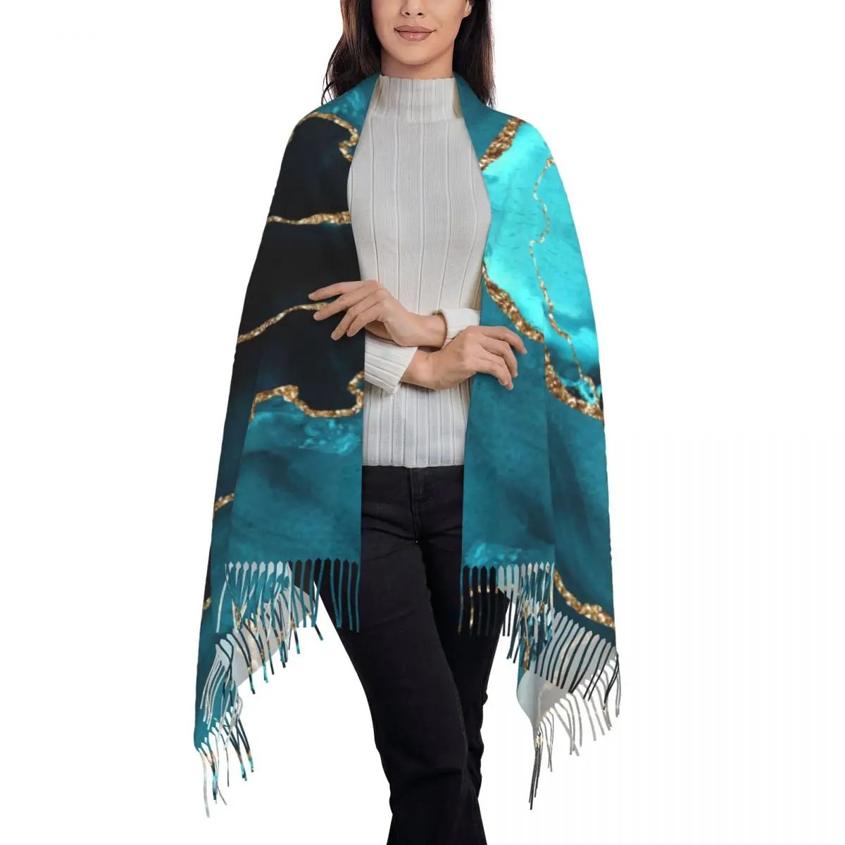 Stylish Teal Blue And Gold Hues Marble Agate Tassel Scarf Women Winter Fall Warm Shawls Wraps Female Geometric Modern Scarves