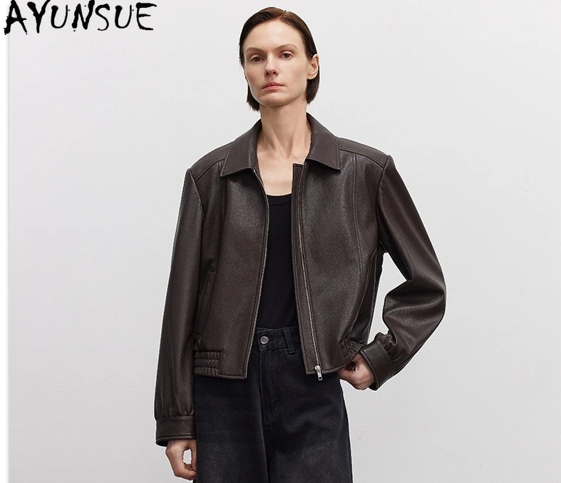 AYUNSUE Echtes Ziegenleder-Echtlederjacke für Damen 2025, schwarze Damen-Motorradjacken, Frühlings- und Herbstkleidung Nadalха Ж Espero