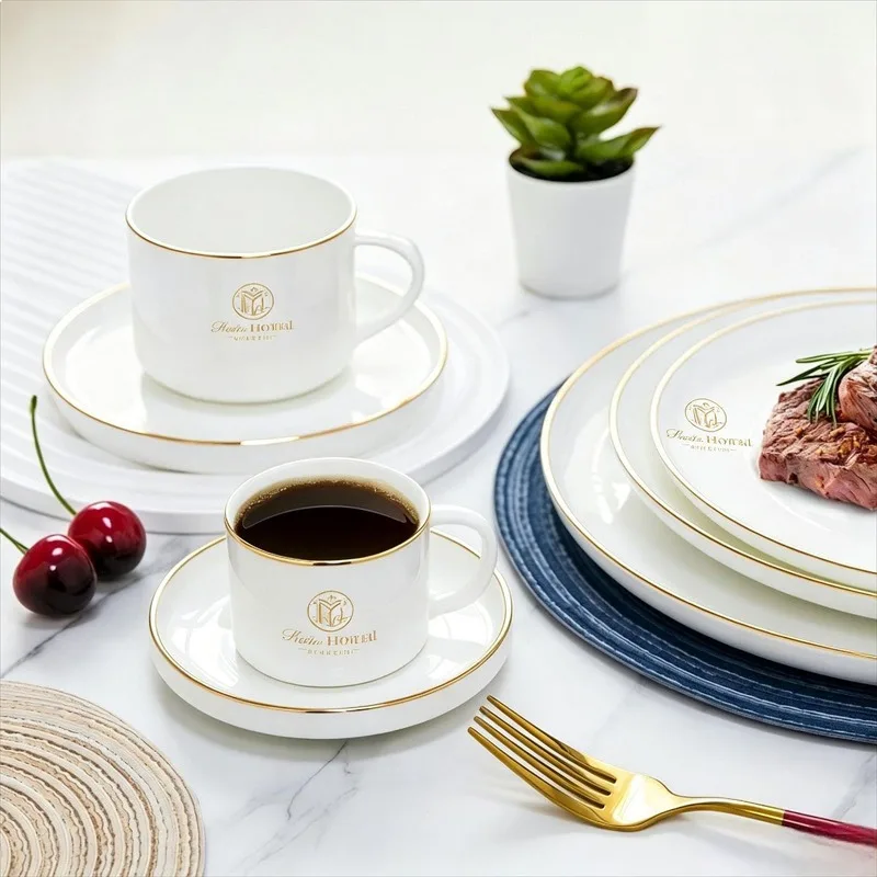 white-gold-rim-bone-china-coffee-cup-saucer-set-hotel-home-plain-shallow-plate-advertising-gift-export-porcelain-drinkware