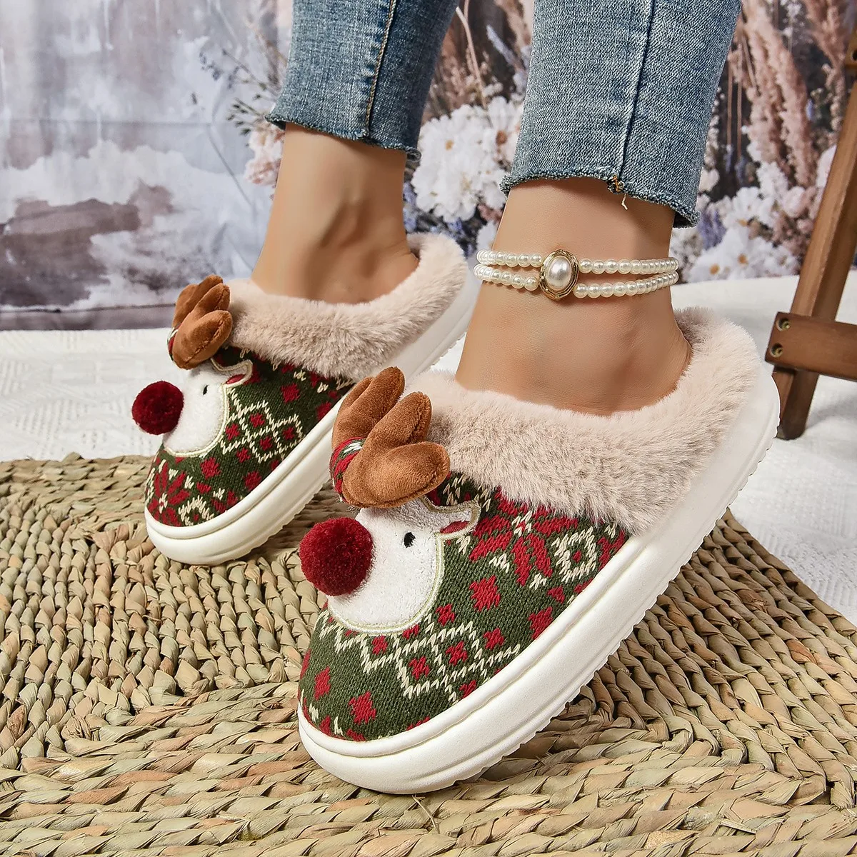 Zapatillas peludas y esponjosas para mujer, pantuflas navideñas de invierno con ciervos, zapatillas de casa a la moda para invierno, lindas Zapatillas de casa para invierno, diapositivas para mujer