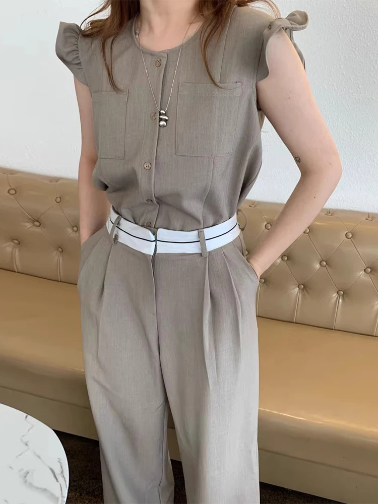 

Korean style chic summer retro niche versatile flying sleeve top+high waisted contrasting casual long pants two-piece set