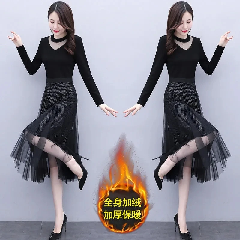 2024Autumn Winter High End Dress New Knitted Splicing Lace Elegant Dress Women Fake Two Pieces Long Sweater Dress Black Vestidos