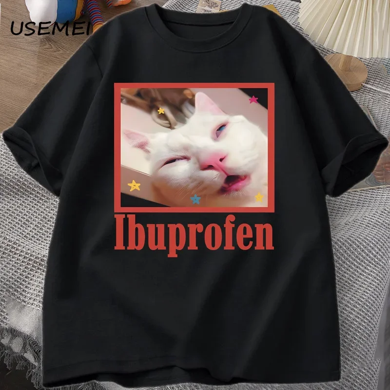 T-Shirt mit Ibuprofen-Katzenmuster. Lustiges T-Shirt mit Katzenmuster. T-Shirt für Katzenliebhaber. Lässiges lustiges T-Shirt. Damen-T-Shirt