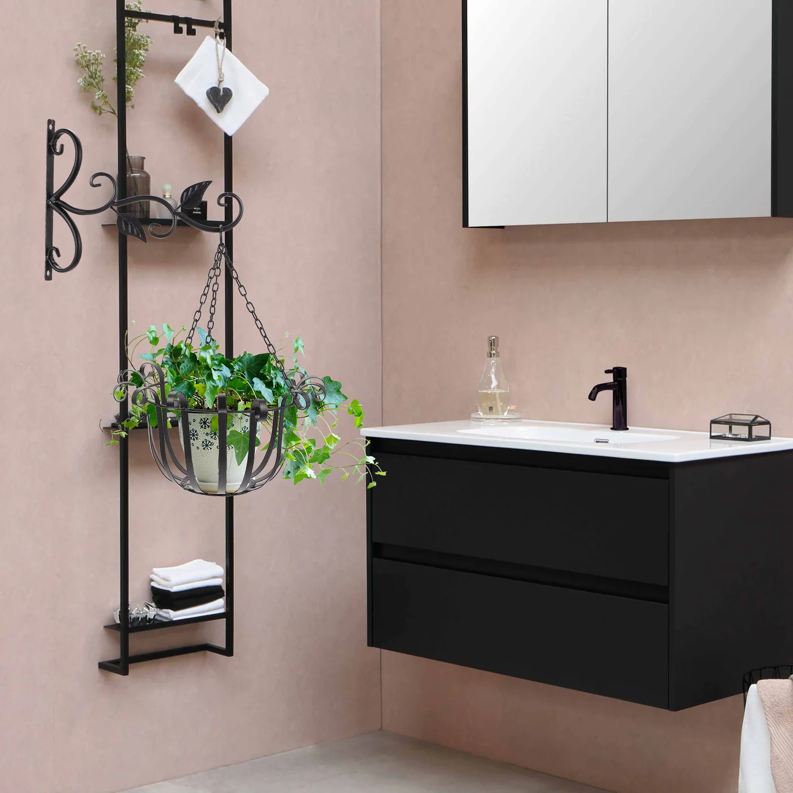 

1Set Iron Hanging Flower Basket Durable Wall Hanging Planter Holder for Balcony Garden Home Decor Multi-Function Plant Display